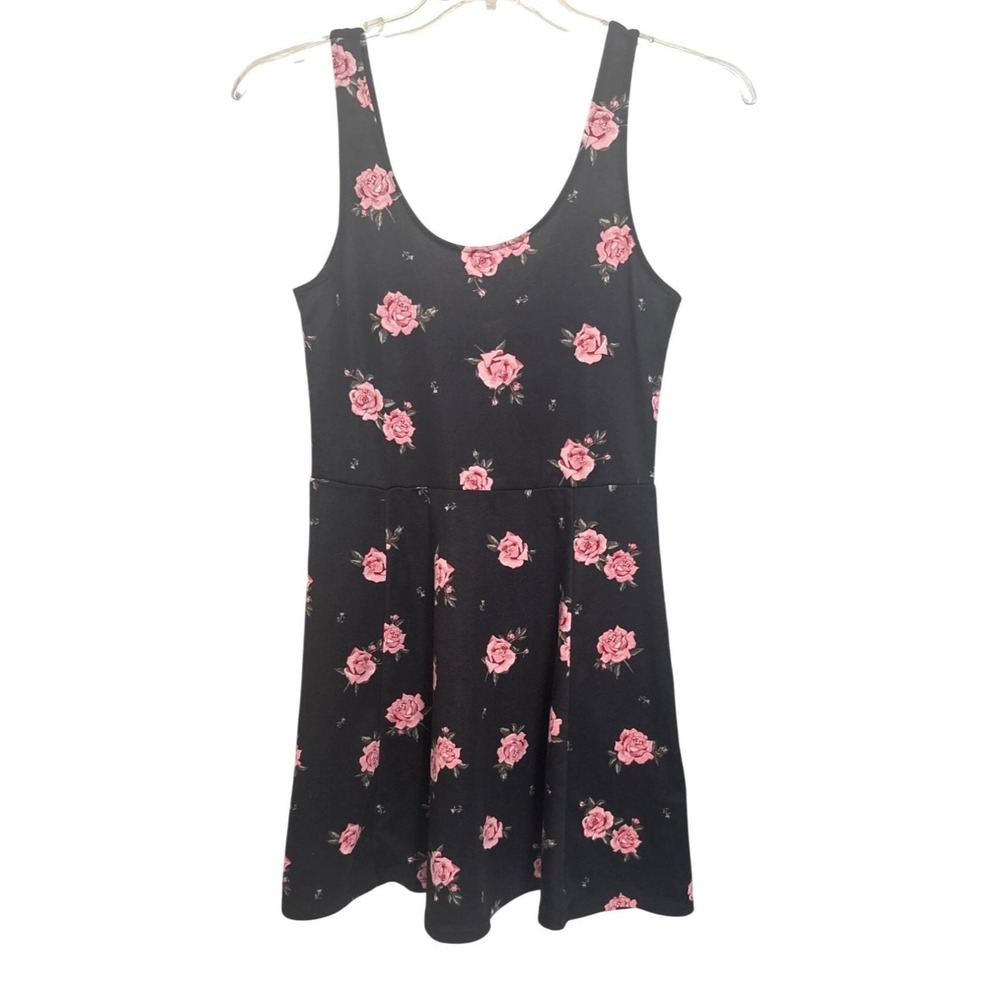 H&M Divided Girls Tank Dress Black & Pink Roses Sleeveless Skater Dress Size 10